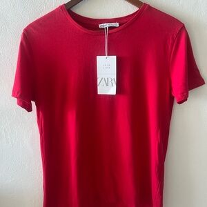 ZARA Bright Red Short Sleeve Crew Neck Tee
